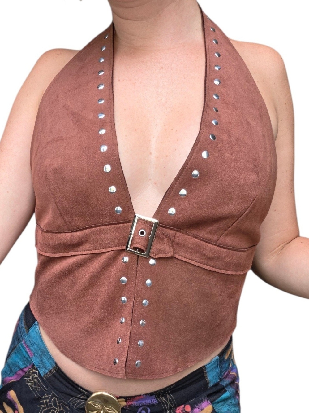 Y2K Moa Moa Brown Faux Suede Backless Halter Top w/ Silver Studs + Buckle Medium